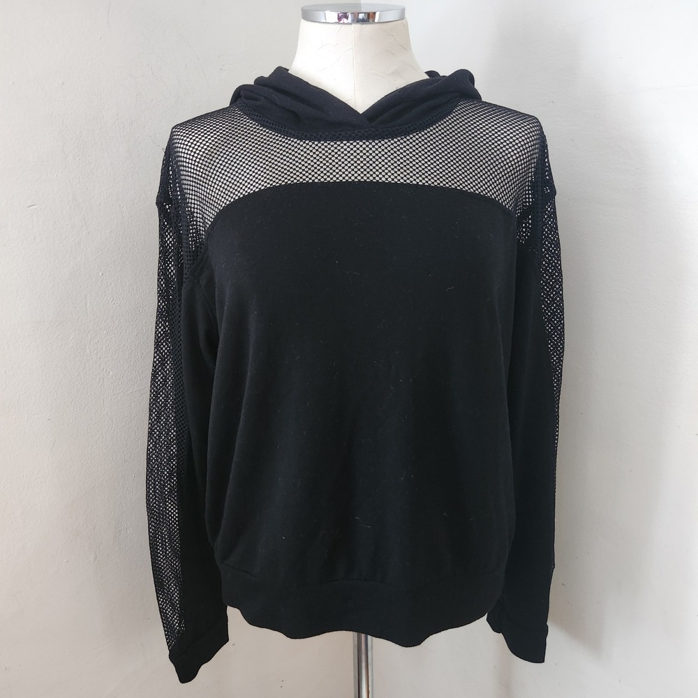 Garage Womens Black Mesh Fishnet Yoke Pullover Hoodie Sweatshirt Large L/G